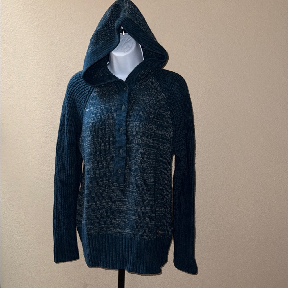 Columbia Women's Teal White Hooded 1/2 Button Up Hooded Wool Blend Sweater Sz L